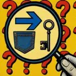 Collage of everyday objects with hidden meanings, including a magnifying glass and question marks.