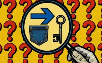 Collage of everyday objects with hidden meanings, including a magnifying glass and question marks.