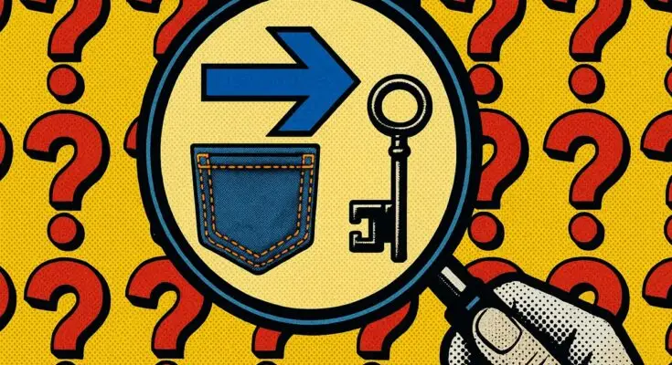 Collage of everyday objects with hidden meanings, including a magnifying glass and question marks.