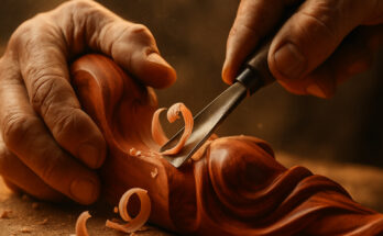 A woodcarver using a chisel on a piece of American Black Cherry wood.