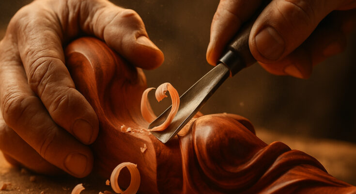 A woodcarver using a chisel on a piece of American Black Cherry wood.