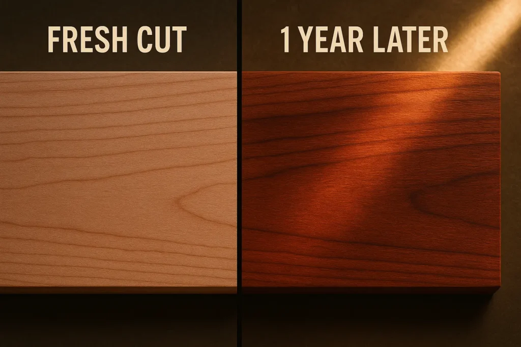 Comparison of fresh pale cherry wood versus aged dark cherry wood.