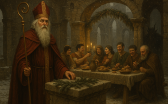 Historical illustration showing Saint Nicholas, a Roman Saturnalia feast, and a Krampus figure, representing the history of Christmas.