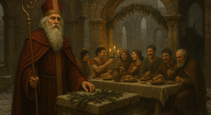 Historical illustration showing Saint Nicholas, a Roman Saturnalia feast, and a Krampus figure, representing the history of Christmas.