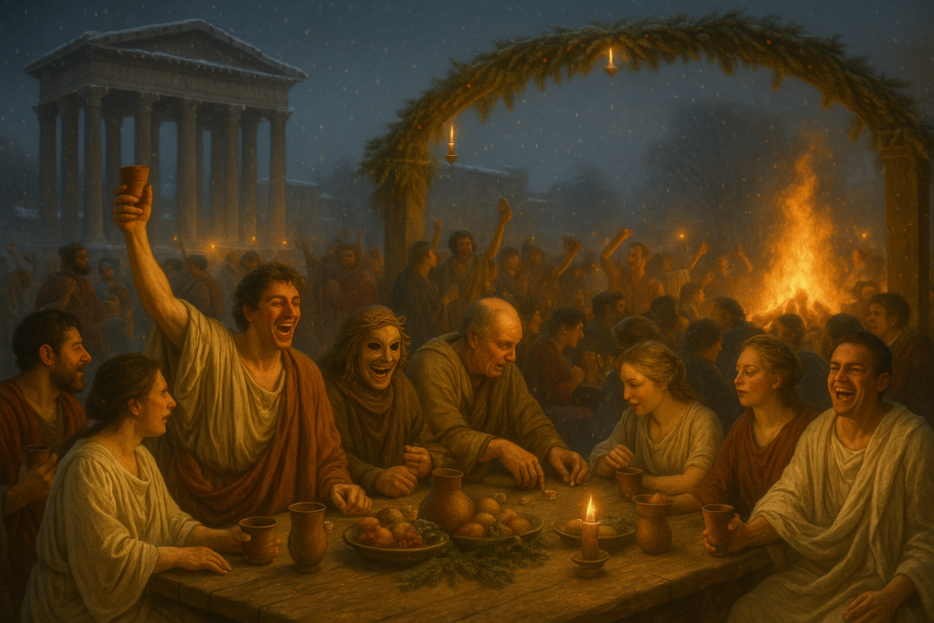 Ancient Romans feasting and celebrating the Saturnalia festival in winter near a temple.