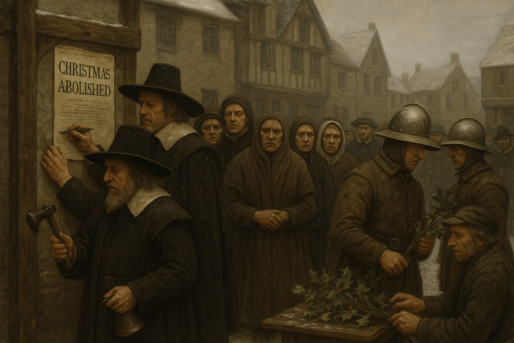 17th-century Puritan town criers and soldiers enforcing a ban on Christmas celebrations in England.
