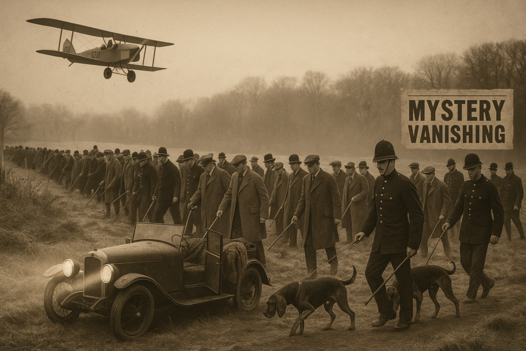Police and bloodhounds searching for the missing novelist Agatha Christie in 1926.