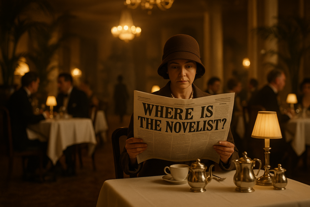 Artistic recreation of Agatha Christie reading about her own disappearance at the Swan Hydropathic Hotel.