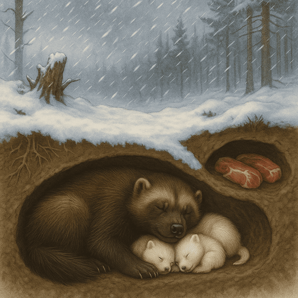 Illustration of a wolverine mother and kits inside a snow den.