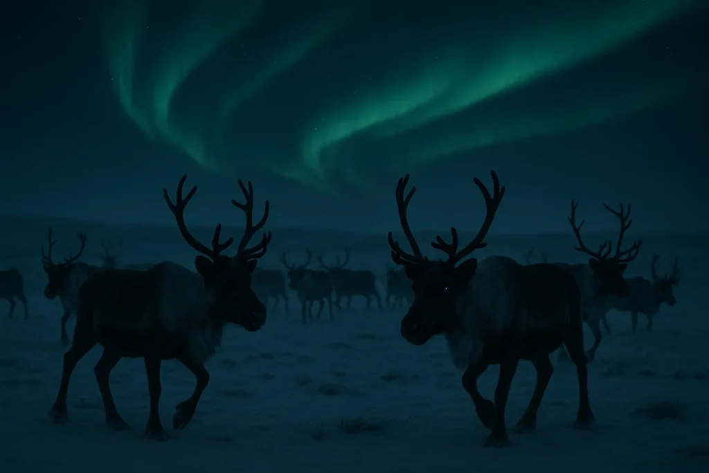 A herd of reindeer traveling through the Arctic winter under the Northern Lights.