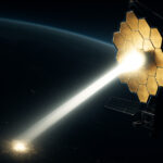 A giant satellite mirror in space reflecting a beam of sunlight down to Earth at night.