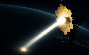 A giant satellite mirror in space reflecting a beam of sunlight down to Earth at night.