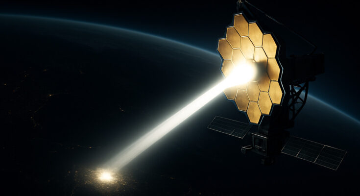 A giant satellite mirror in space reflecting a beam of sunlight down to Earth at night.
