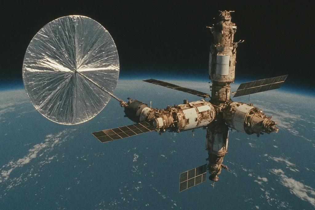 The Russian Znamya space mirror deployed from the Mir space station in the 1990s.