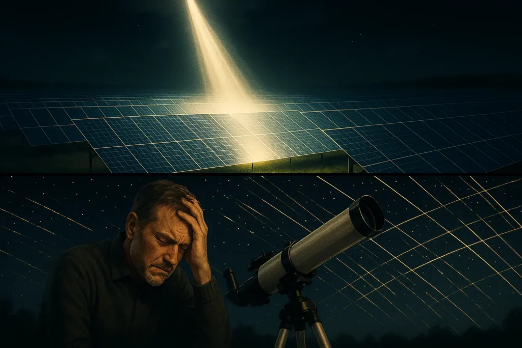 Split screen showing a lit-up solar farm and an astronomer struggling with light pollution.