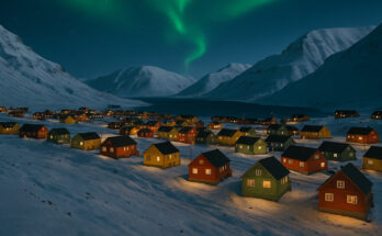 The colorful houses of Longyearbyen, Norway, under the Northern Lights and snowy mountains.