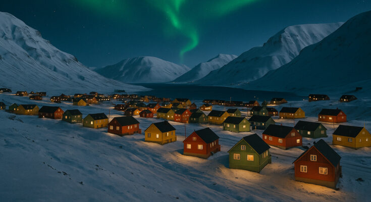 The colorful houses of Longyearbyen, Norway, under the Northern Lights and snowy mountains.