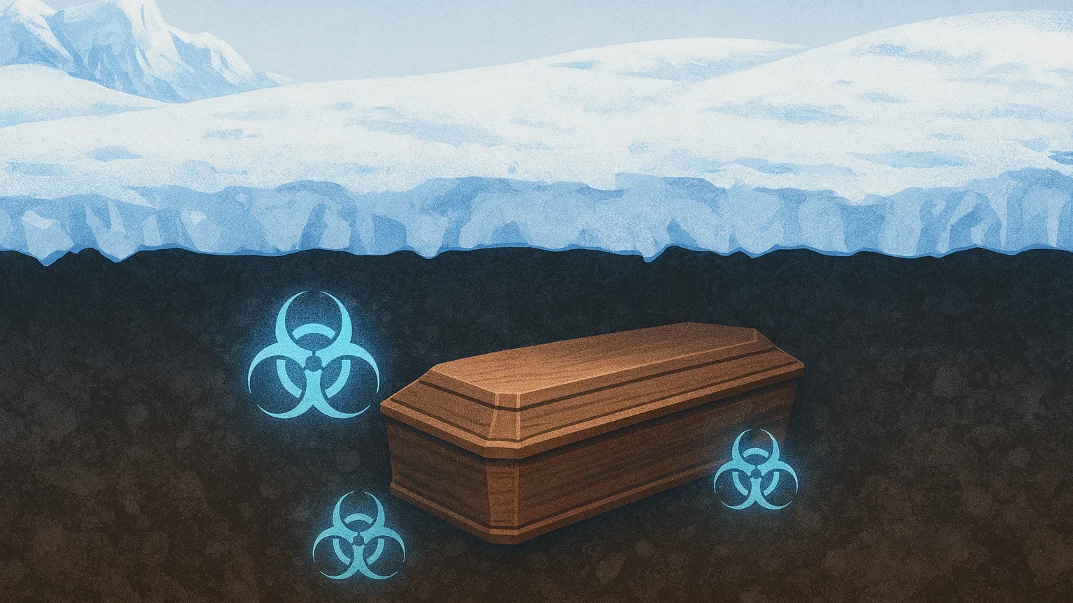 Illustration showing how permafrost preserves bodies and viruses underground.