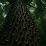 The trunk of a Sandbox Tree covered in sharp poisonous spikes.
