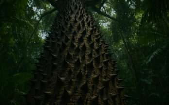 The trunk of a Sandbox Tree covered in sharp poisonous spikes.
