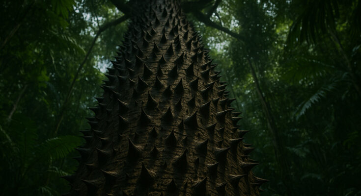 The trunk of a Sandbox Tree covered in sharp poisonous spikes.