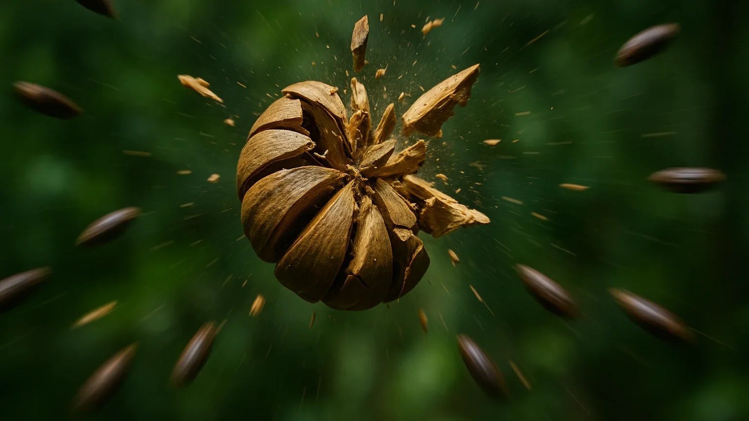The fruit of a Dynamite Tree exploding and shooting seeds.