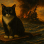 Illustration of Unsinkable Sam the cat floating on wreckage with a sinking battleship in the background.