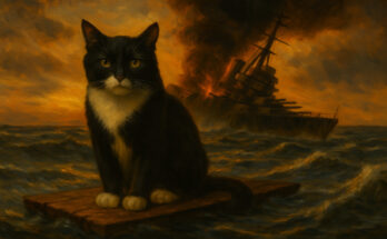 Illustration of Unsinkable Sam the cat floating on wreckage with a sinking battleship in the background.