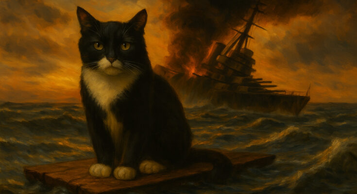 Illustration of Unsinkable Sam the cat floating on wreckage with a sinking battleship in the background.