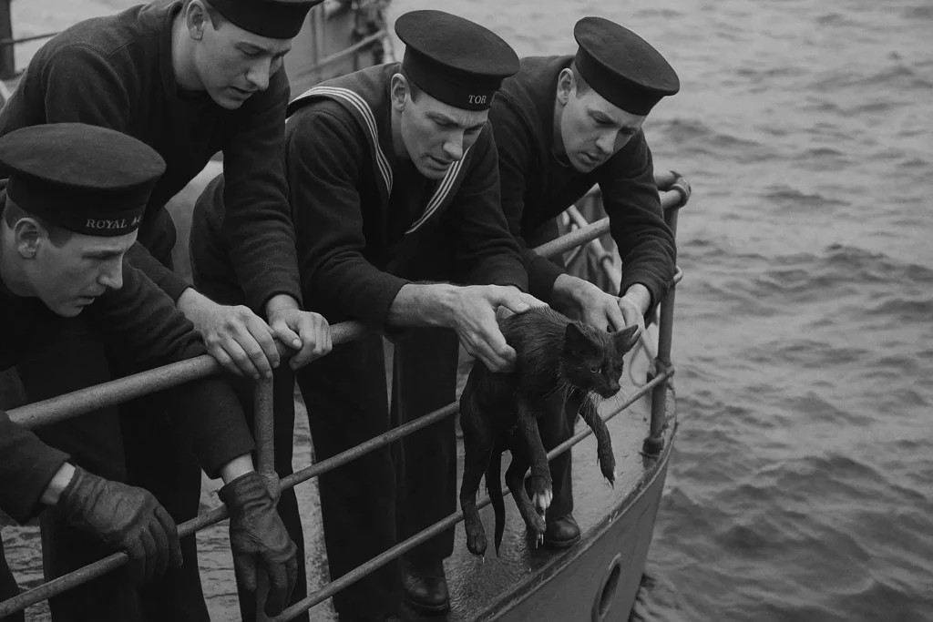 British sailors rescuing a cat from the ocean during World War II.