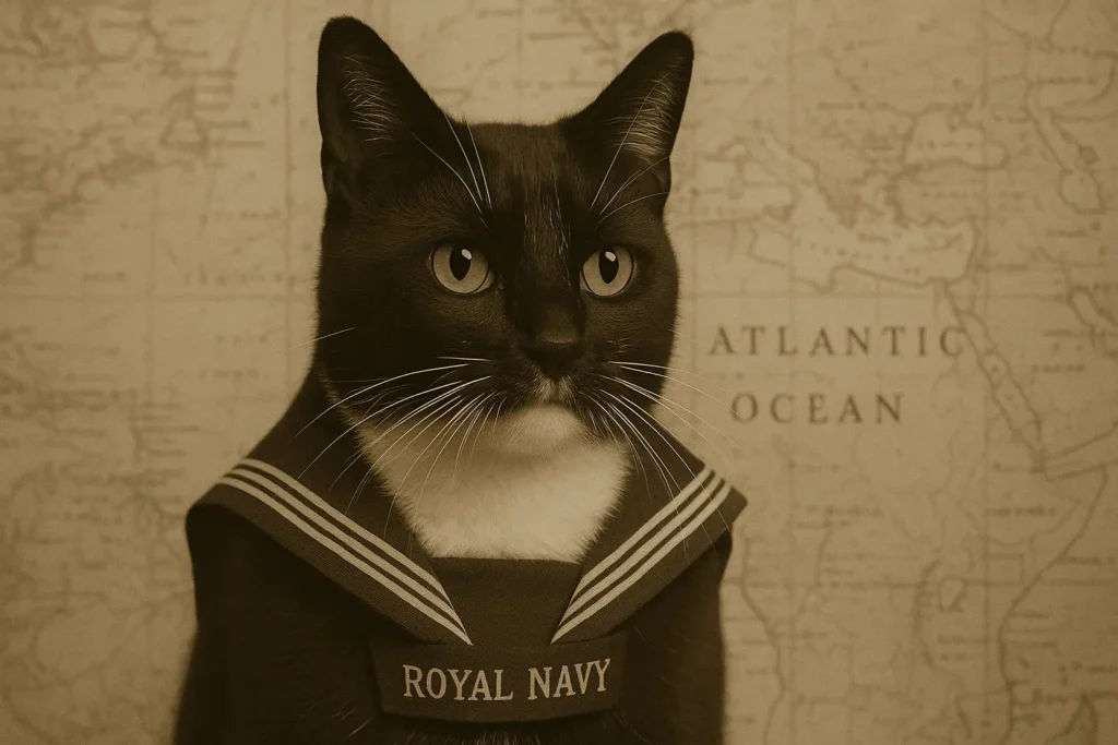 Vintage portrait of Unsinkable Sam, the tuxedo cat of the Royal Navy.