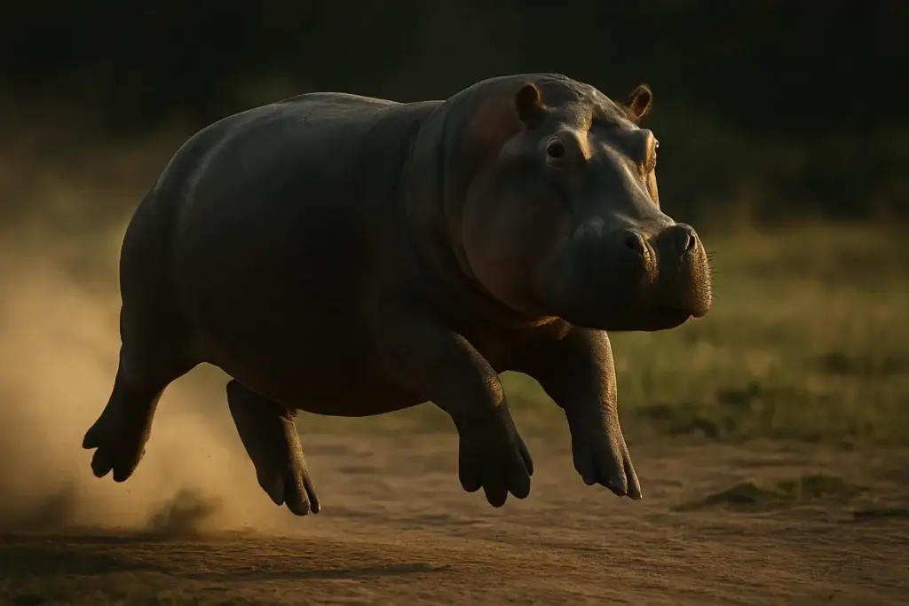 A hippopotamus running with all four feet off the ground.