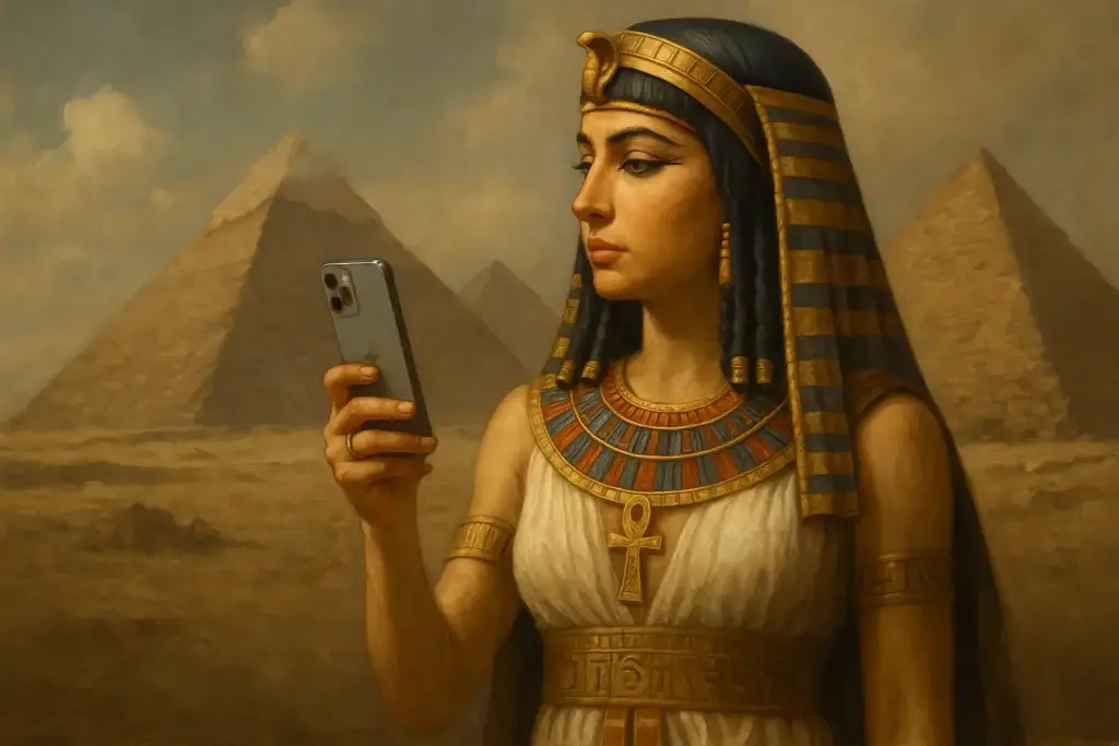 Cleopatra holding a smartphone to show she lived closer to the iPhone era than the Pyramids.