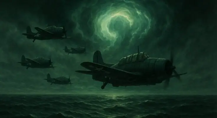 Illustration of Flight 19 flying into a storm in the Bermuda Triangle on December 5, 1945.