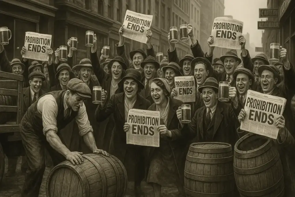 People celebrating the end of Prohibition in 1933 with beer.