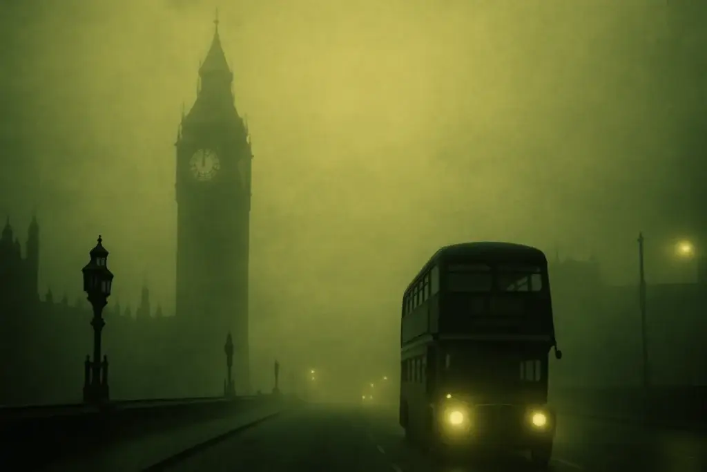 The Great Smog of London in 1952 obscuring Big Ben.