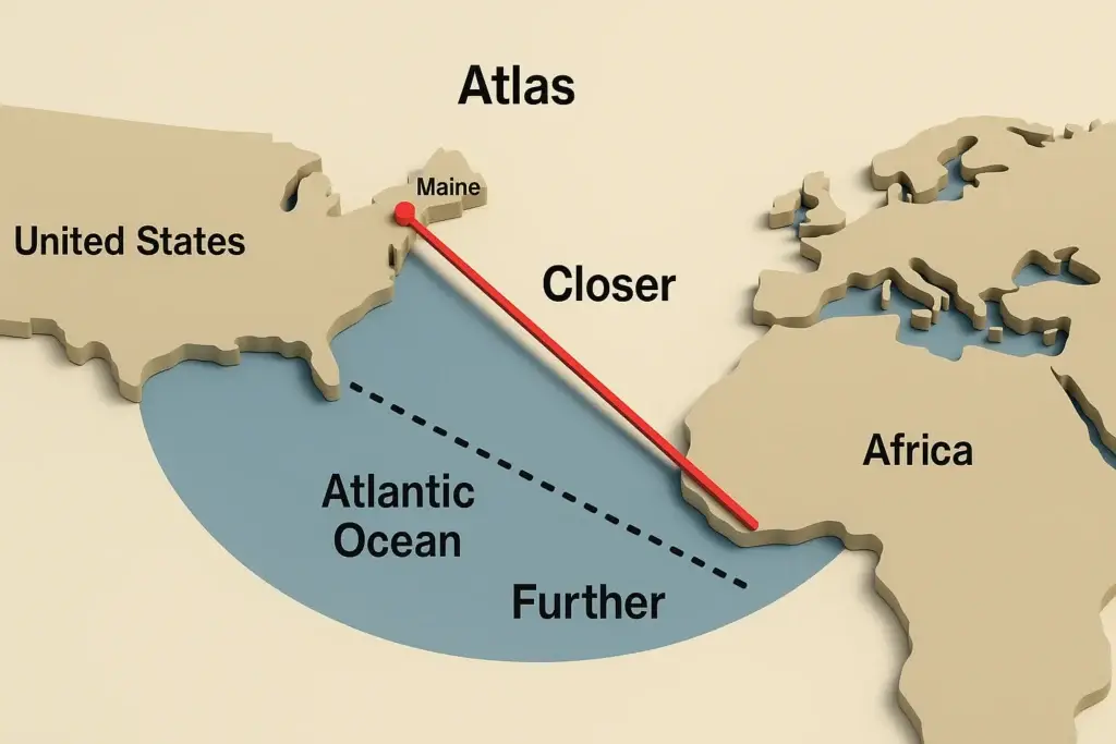 Map showing Maine is the closest US state to Africa.