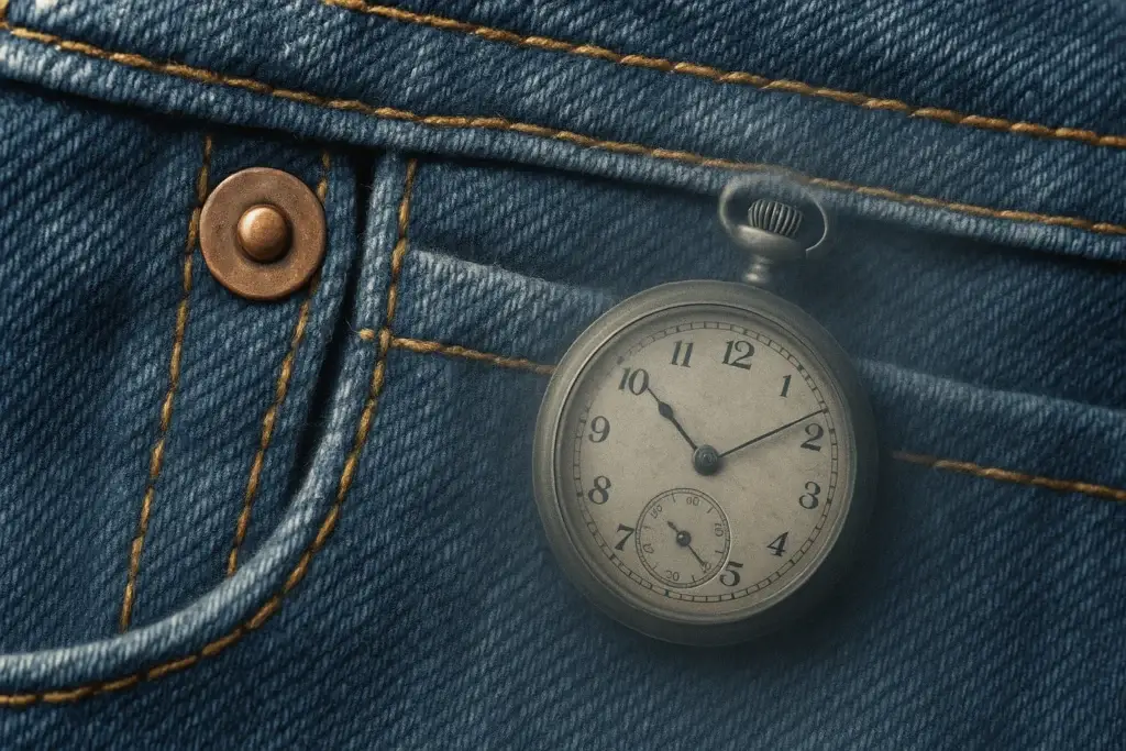 Close up of the small pocket and copper rivets on blue jeans.