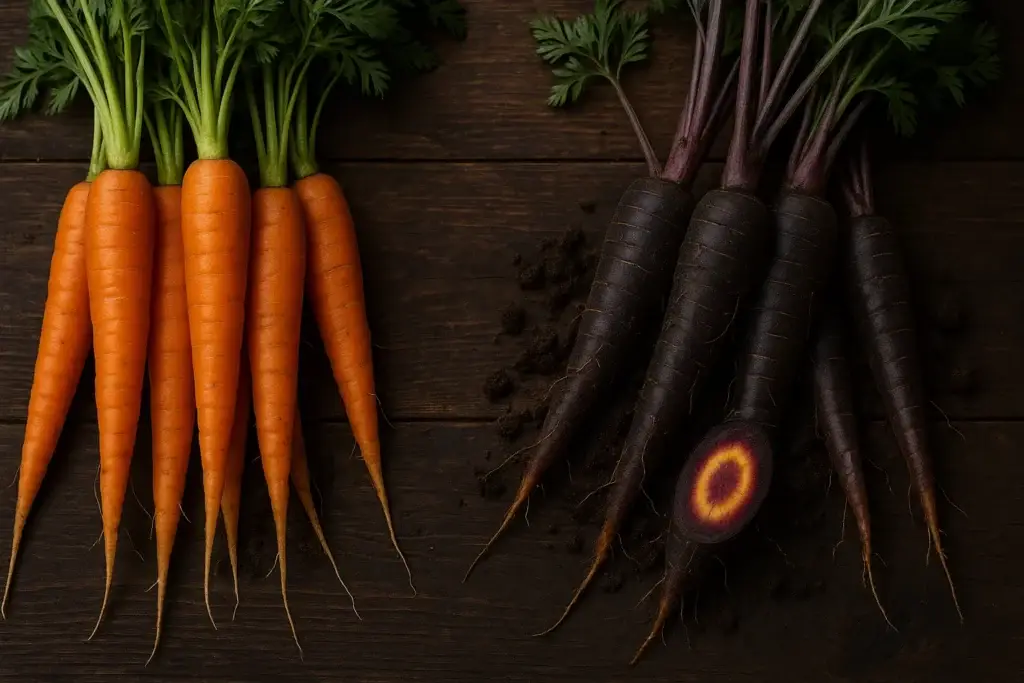 Purple heritage carrots sitting next to modern orange carrots on a wooden table.