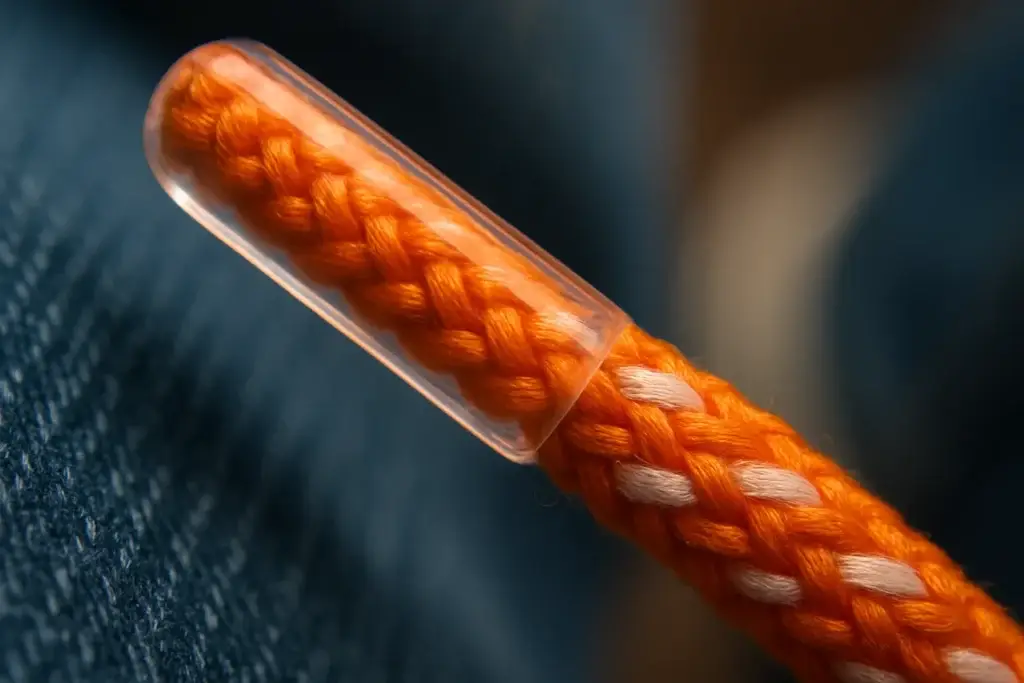 Macro close-up of an aglet, the plastic tip at the end of a shoelace.