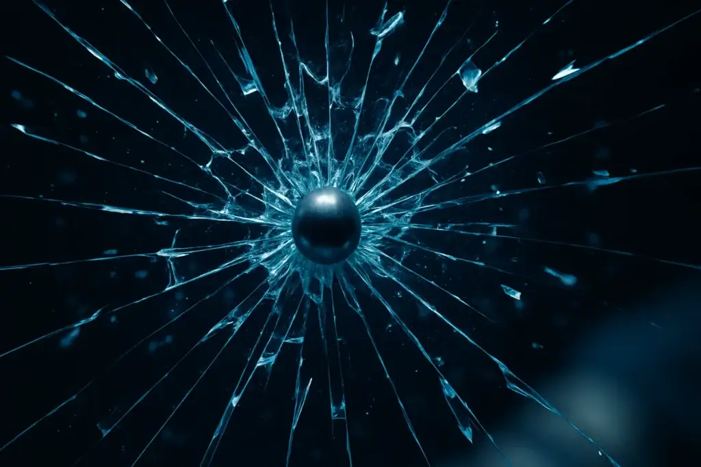 High-speed photography showing a pane of glass shattering with cracks spreading outward.