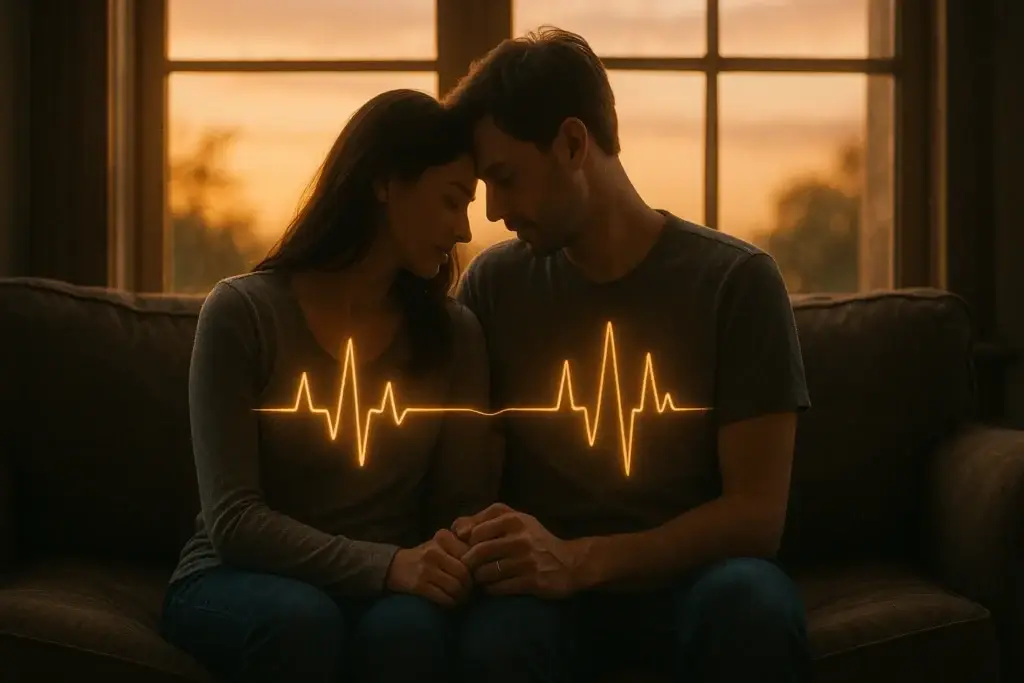 A couple sitting close together with glowing, synchronized heartbeat rhythms overlaid on their chests.