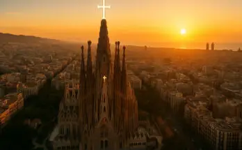 The completed Sagrada Família in Barcelona with the Tower of Jesus Christ, scheduled for 2026.