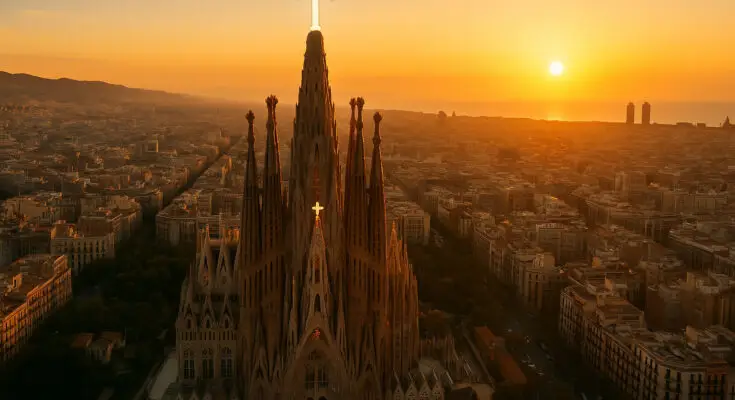 The completed Sagrada Família in Barcelona with the Tower of Jesus Christ, scheduled for 2026.