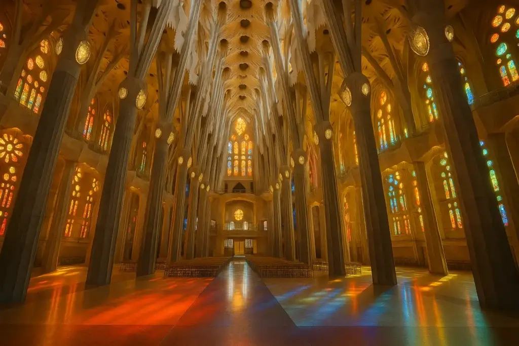 The interior of the Sagrada Familia showing tree-like columns and stained glass light.