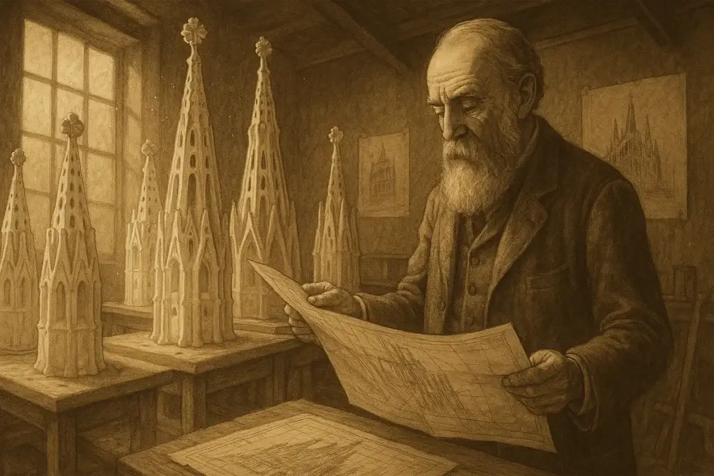 Architect Antoni Gaudí working on plaster models of the Sagrada Família.