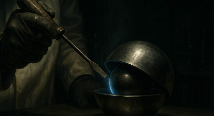 A scientist using a screwdriver to prop open the Demon Core plutonium sphere.