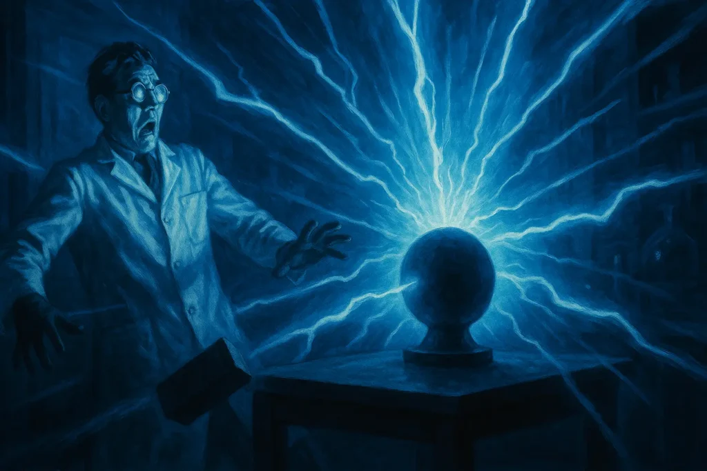 A bright blue flash of Cherenkov radiation filling a laboratory during a nuclear accident.