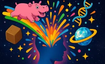 A collage of 100 fun facts including a flying hippo and space diamonds.