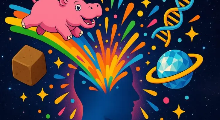 A collage of 100 fun facts including a flying hippo and space diamonds.